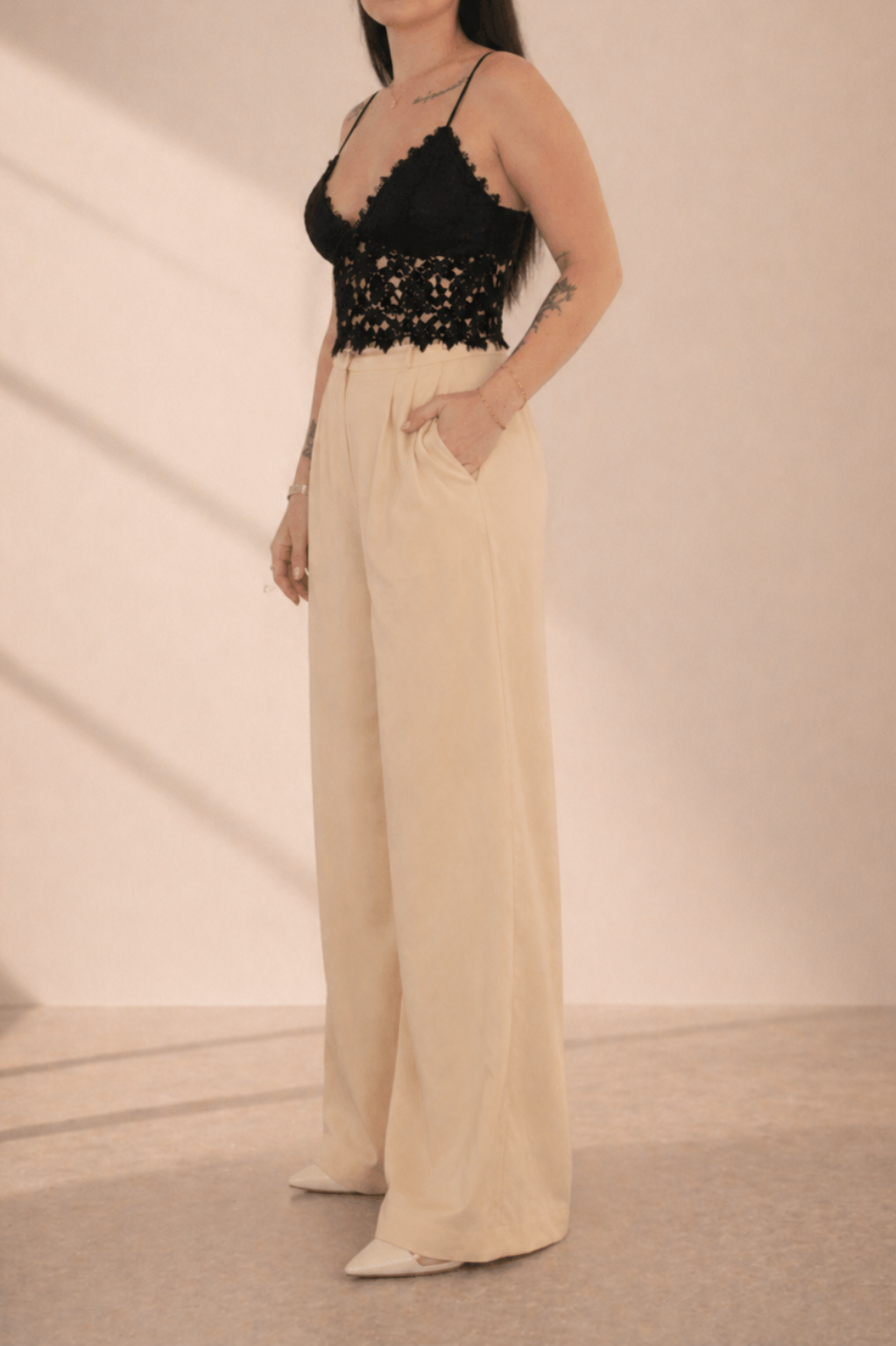Pantalon taille haute beige