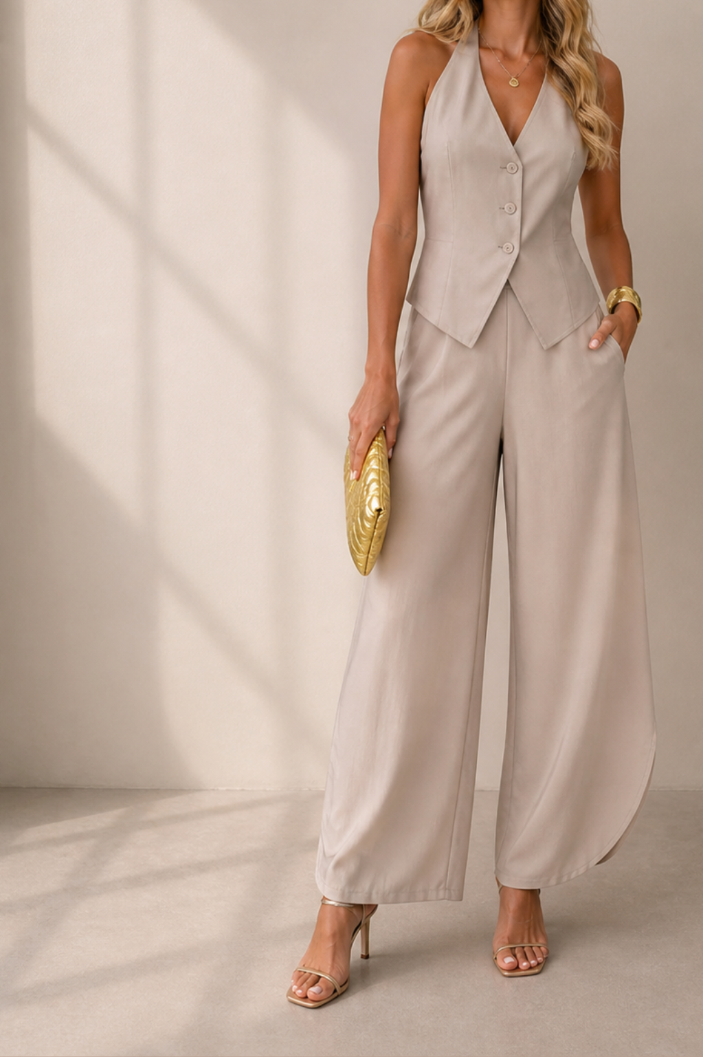 Ensemble chic femme avec top col V sans manches et pantalon fendu