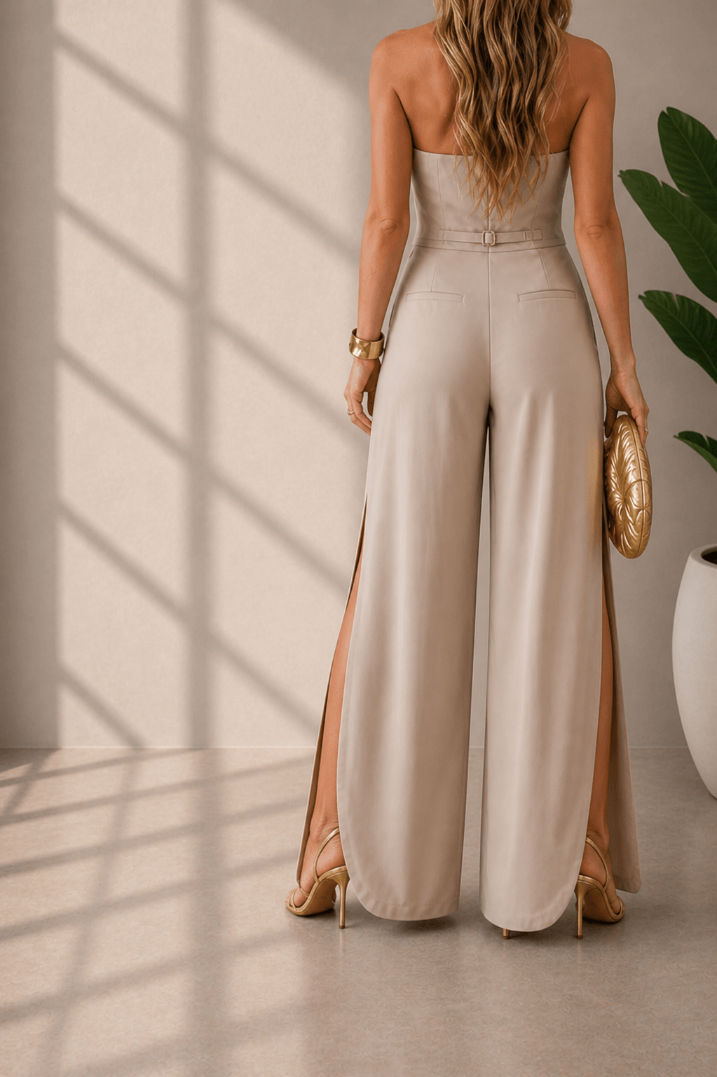 Ensemble chic femme avec top col V sans manches et pantalon fendu - Isalise Label Paris